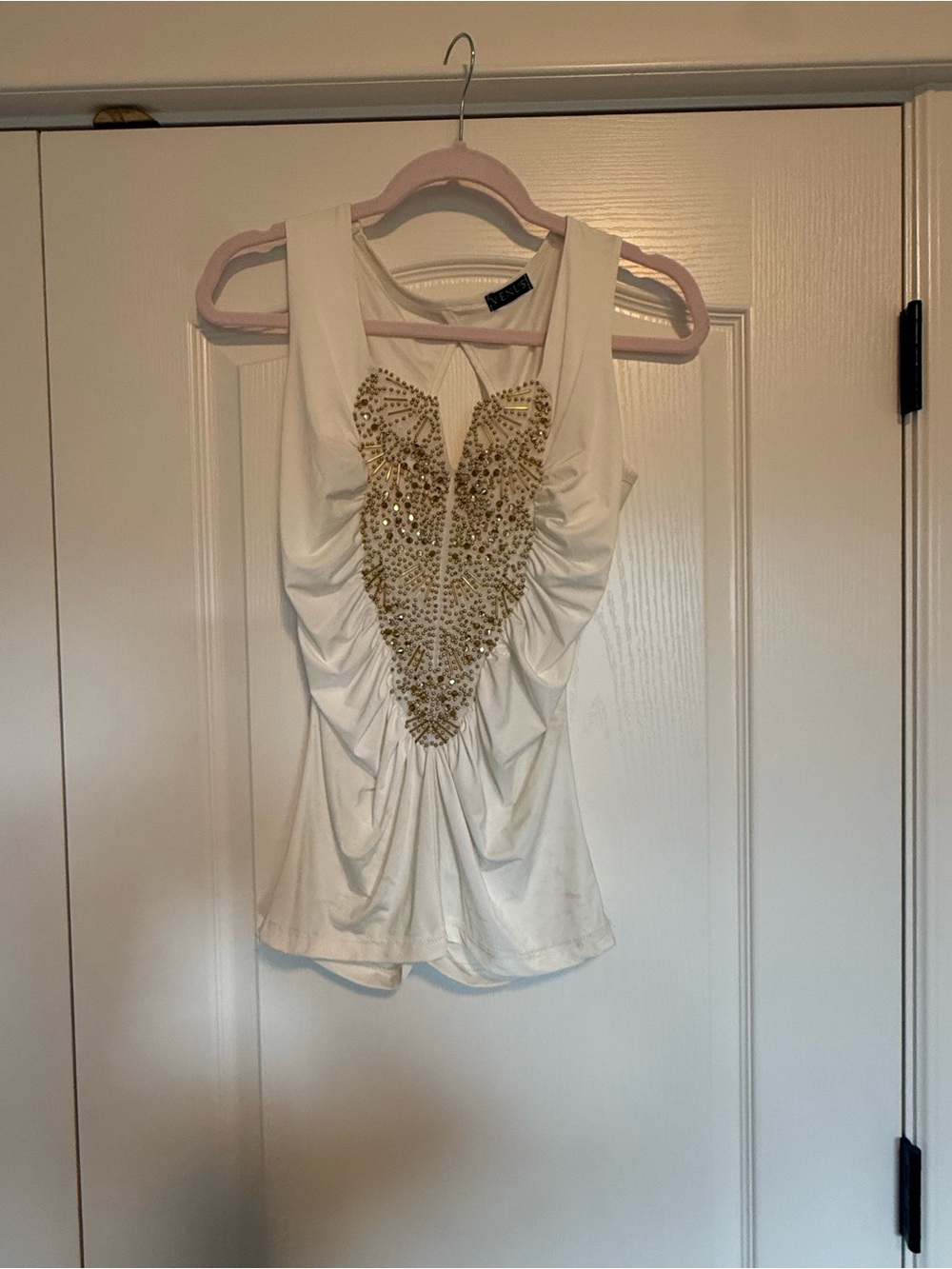 Venus White Embellished Sleeveless Top with Gold Accent